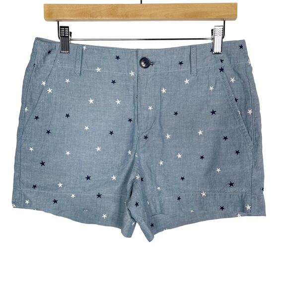 New LOFT Size 2 Blue Star Print The Washed Twill Short 4" Inseam Chambray - Picture 1 of 9